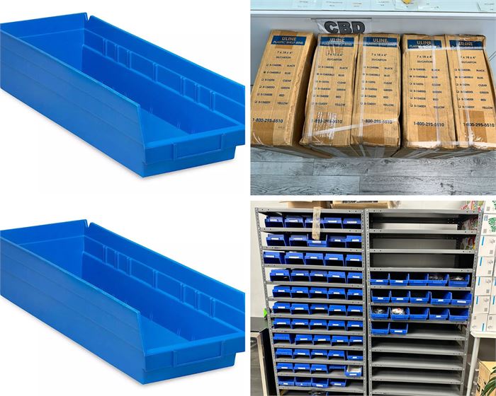QTY: (100 Units) Plastic Shelf Bins - 7" x 18" x 4", Blue, NEW IN BOXES UNOPENED