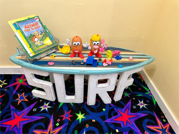 Cool Surf Board Table and Toys (Toys on Table are Included in This Lot)